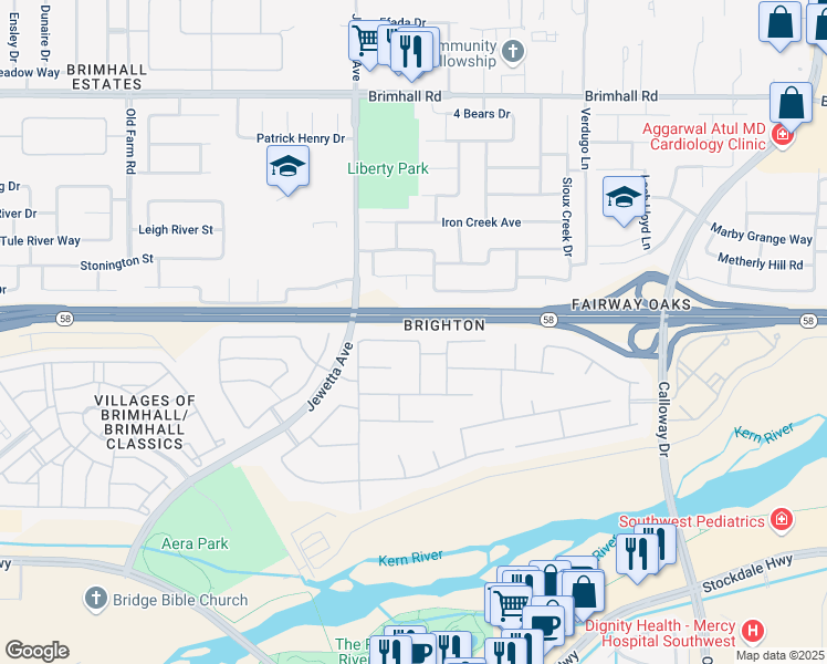 map of restaurants, bars, coffee shops, grocery stores, and more near 11001 Strathaven Street in Bakersfield