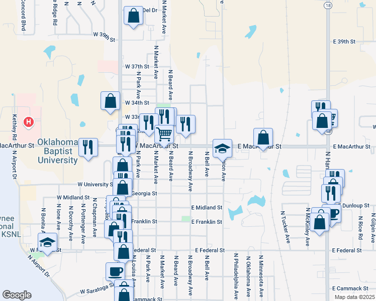map of restaurants, bars, coffee shops, grocery stores, and more near 2614 North Broadway Avenue in Shawnee