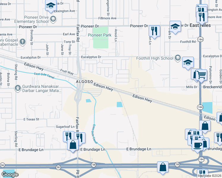 map of restaurants, bars, coffee shops, grocery stores, and more near 6626 Edison Highway in Bakersfield
