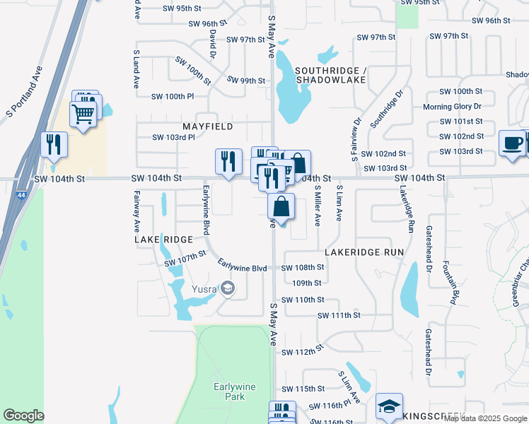 map of restaurants, bars, coffee shops, grocery stores, and more near 10615 South May Avenue in Oklahoma City