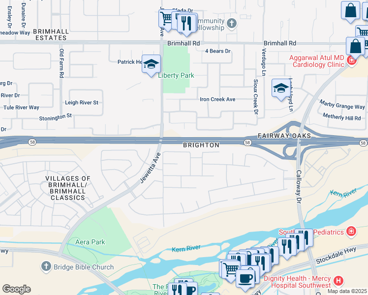 map of restaurants, bars, coffee shops, grocery stores, and more near 11001 Strathaven Street in Bakersfield