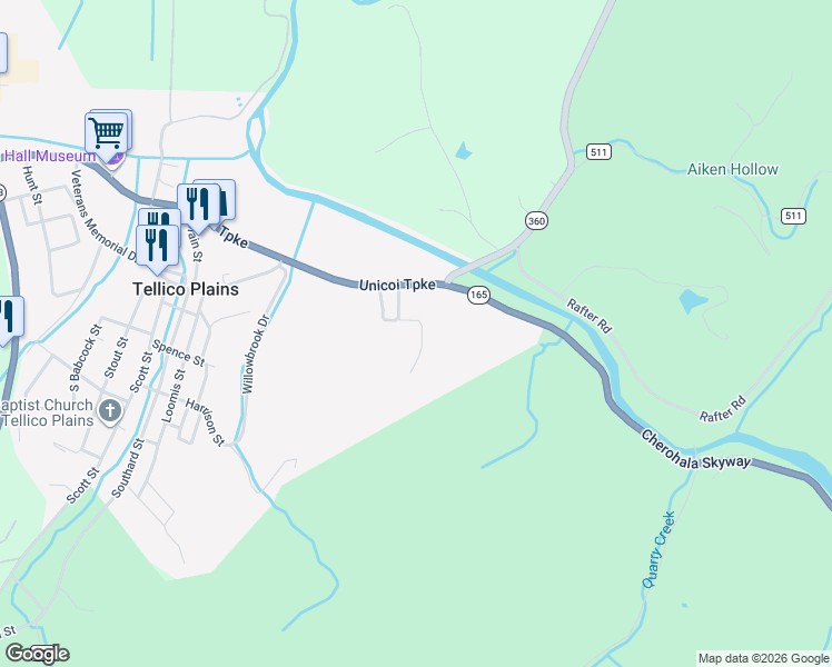 map of restaurants, bars, coffee shops, grocery stores, and more near 134 Carringer Circle in Tellico Plains