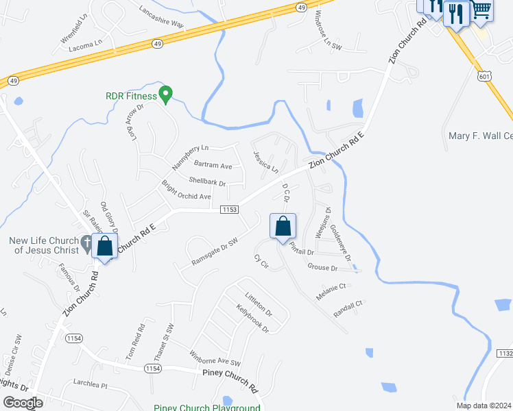 map of restaurants, bars, coffee shops, grocery stores, and more near 899 Ramsgate Drive Southwest in Concord