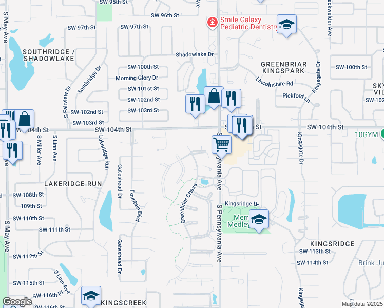 map of restaurants, bars, coffee shops, grocery stores, and more near 10601 Greenbriar Chase in Oklahoma City