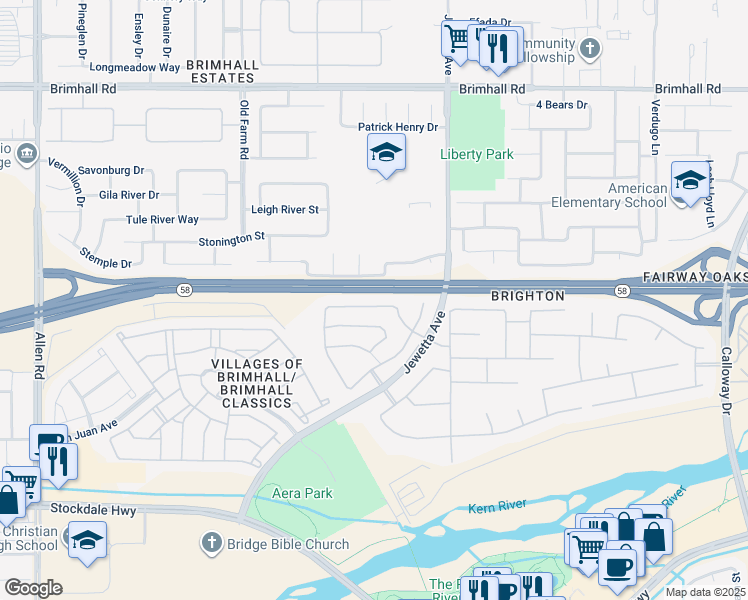 map of restaurants, bars, coffee shops, grocery stores, and more near 11520 Alton Manor Drive in Bakersfield