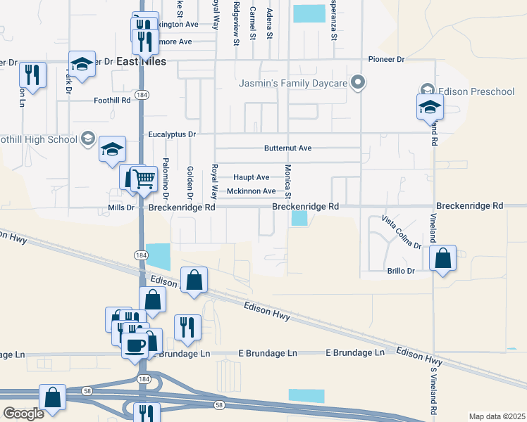 map of restaurants, bars, coffee shops, grocery stores, and more near 737 Rancho Mirage Street in Bakersfield