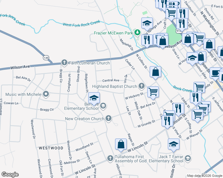 map of restaurants, bars, coffee shops, grocery stores, and more near 613 Circle Drive in Tullahoma