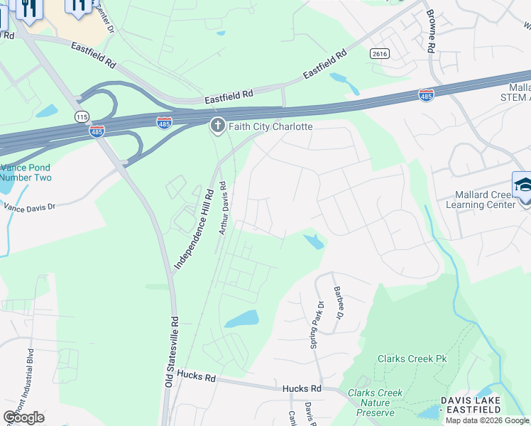 map of restaurants, bars, coffee shops, grocery stores, and more near 10200 Arthur Davis Road in Huntersville