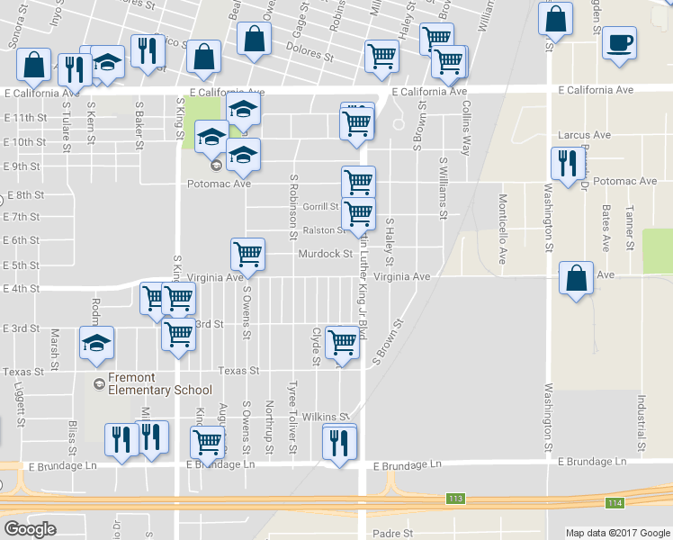 map of restaurants, bars, coffee shops, grocery stores, and more near 1420 Virginia Street in Bakersfield