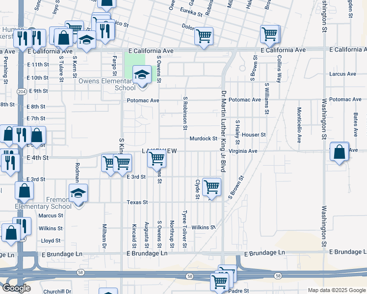 map of restaurants, bars, coffee shops, grocery stores, and more near 1213 Virginia Avenue in Bakersfield