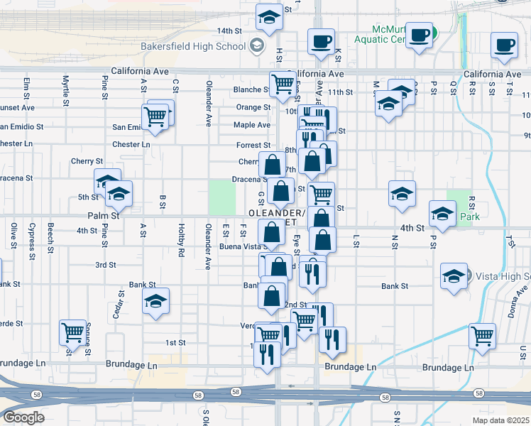map of restaurants, bars, coffee shops, grocery stores, and more near 1721 Palm Street in Bakersfield