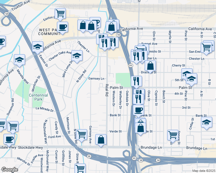 map of restaurants, bars, coffee shops, grocery stores, and more near 356 Real Road in Bakersfield