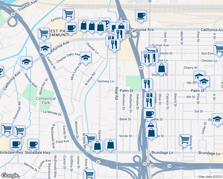 map of restaurants, bars, coffee shops, grocery stores, and more near 403 Real Road in Bakersfield