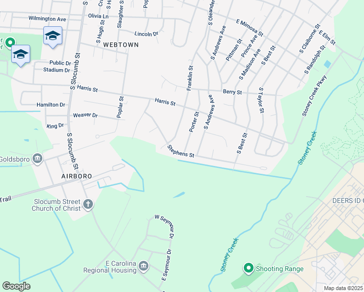 map of restaurants, bars, coffee shops, grocery stores, and more near 1221 Porter Street in Goldsboro
