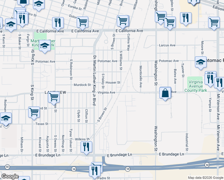 map of restaurants, bars, coffee shops, grocery stores, and more near 338 South Brown Street in Bakersfield