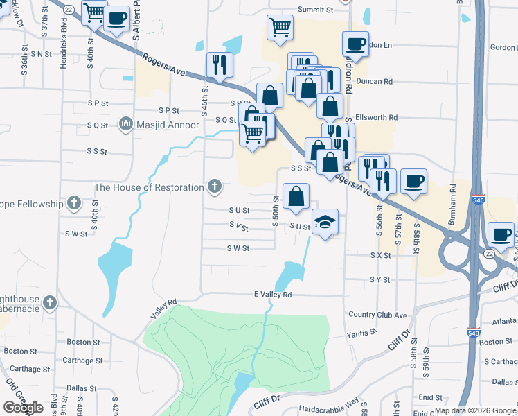 map of restaurants, bars, coffee shops, grocery stores, and more near 4813 South U Street in Fort Smith
