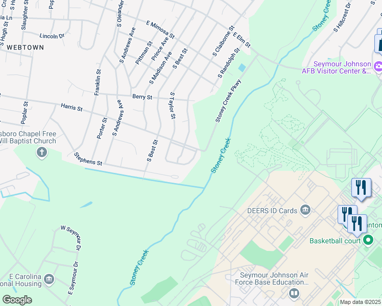 map of restaurants, bars, coffee shops, grocery stores, and more near 2012 Harris Street in Goldsboro