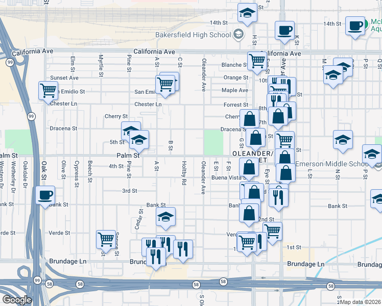 map of restaurants, bars, coffee shops, grocery stores, and more near 2122 Palm Street in Bakersfield