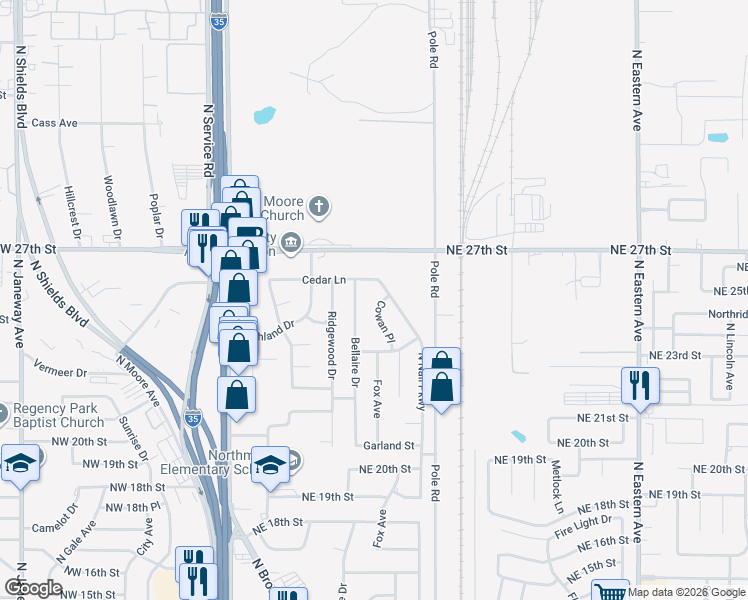 map of restaurants, bars, coffee shops, grocery stores, and more near 2512 Cowan Place in Moore