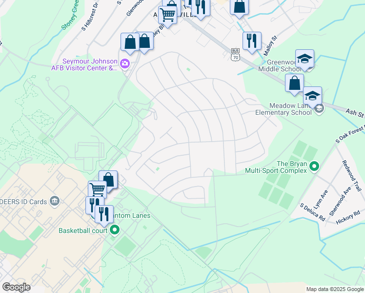 map of restaurants, bars, coffee shops, grocery stores, and more near 268 Squier Avenue in Goldsboro