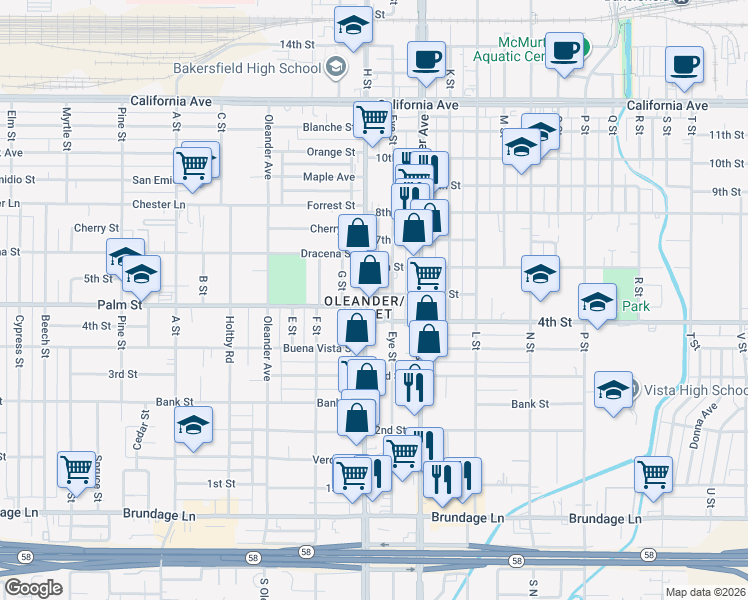 map of restaurants, bars, coffee shops, grocery stores, and more near 430 H Street in Bakersfield
