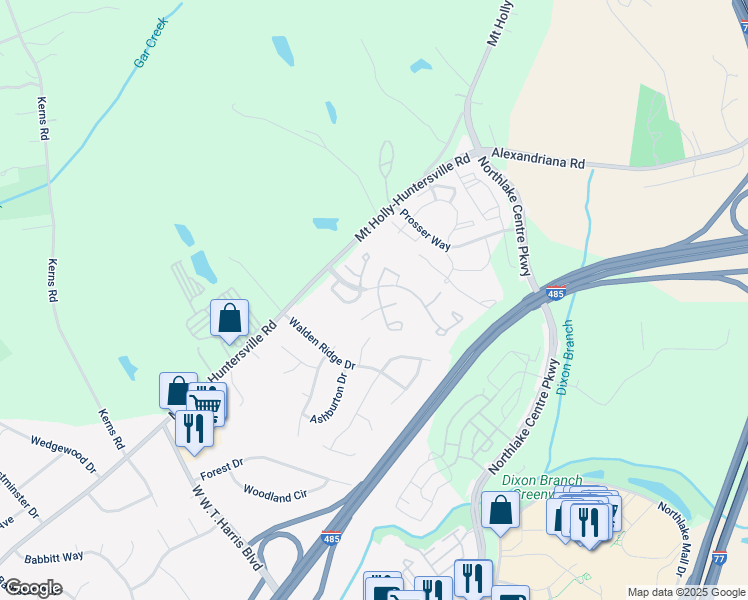 map of restaurants, bars, coffee shops, grocery stores, and more near 10067 Reindeer Way Lane in Charlotte