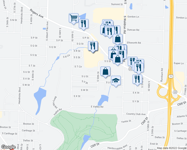 map of restaurants, bars, coffee shops, grocery stores, and more near 4901 South U Street in Fort Smith