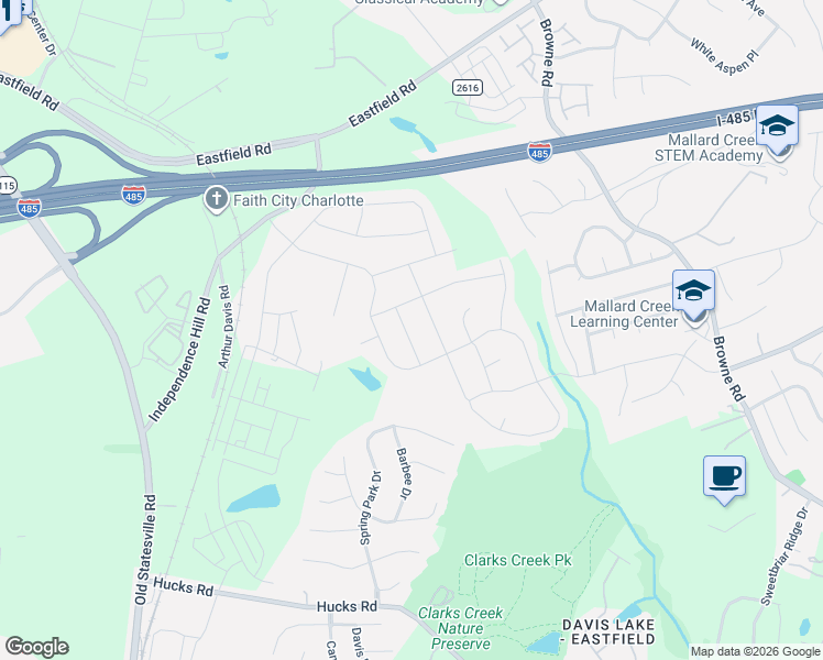 map of restaurants, bars, coffee shops, grocery stores, and more near 7007 Meridale Forest Drive in Charlotte