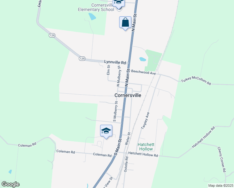 map of restaurants, bars, coffee shops, grocery stores, and more near 100 South Mulberry Street in Cornersville