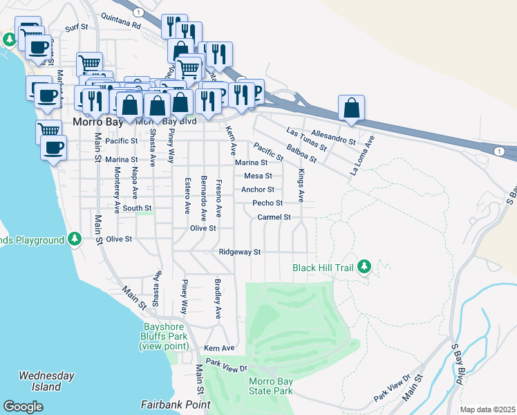 map of restaurants, bars, coffee shops, grocery stores, and more near 934 Carmel Street in Morro Bay