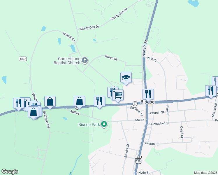 map of restaurants, bars, coffee shops, grocery stores, and more near 209 Lambert Road in Biscoe