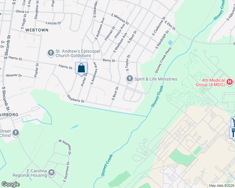 map of restaurants, bars, coffee shops, grocery stores, and more near 1206 South Best Street in Goldsboro
