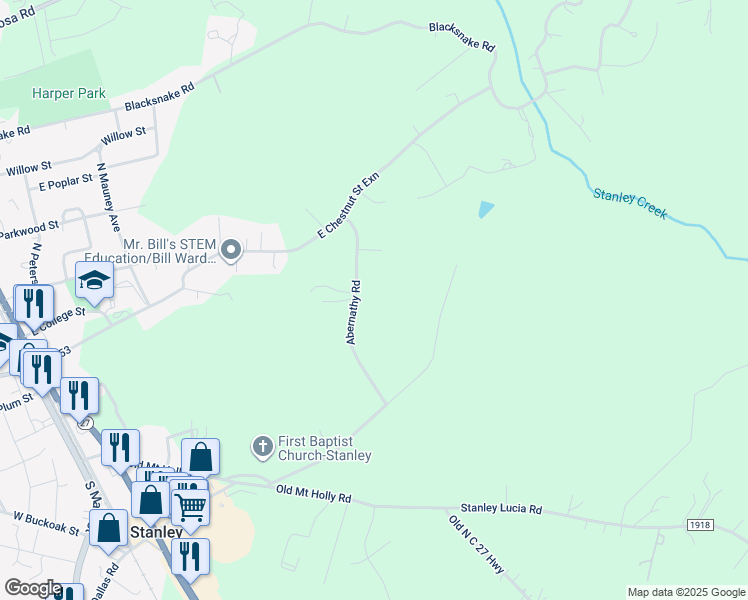 map of restaurants, bars, coffee shops, grocery stores, and more near 124 Abernathy Road in Stanley