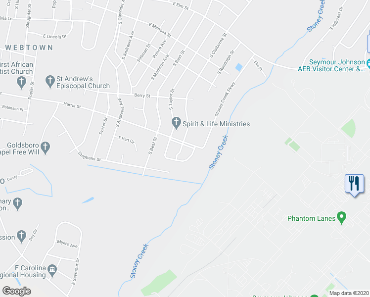 map of restaurants, bars, coffee shops, grocery stores, and more near 2004 Harris Street in Goldsboro