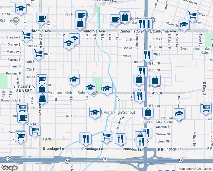 map of restaurants, bars, coffee shops, grocery stores, and more near 500 R Street in Bakersfield