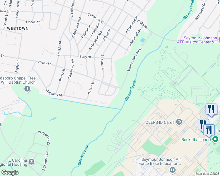 map of restaurants, bars, coffee shops, grocery stores, and more near 2002 Harris Street in Goldsboro