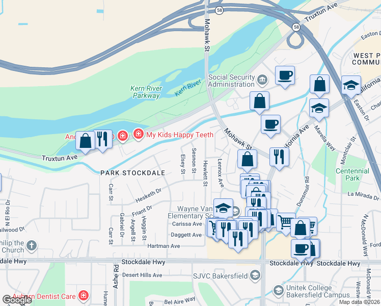 map of restaurants, bars, coffee shops, grocery stores, and more near 709 Sesnon Street in Bakersfield