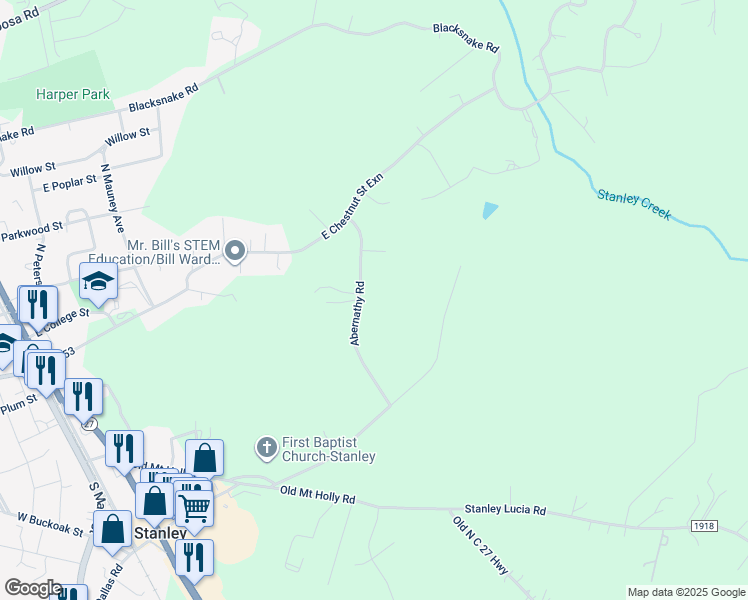 map of restaurants, bars, coffee shops, grocery stores, and more near 124 Abernathy Road in Stanley