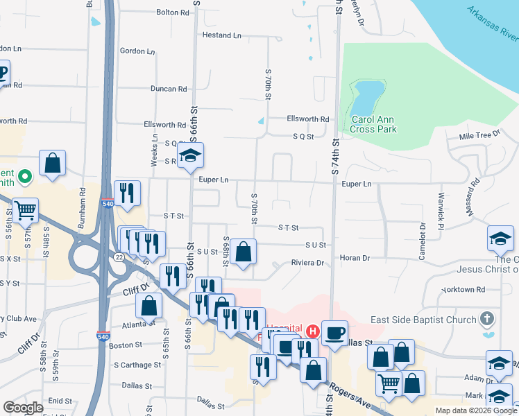 map of restaurants, bars, coffee shops, grocery stores, and more near 2116 South 70th Street in Fort Smith