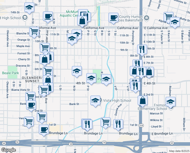 map of restaurants, bars, coffee shops, grocery stores, and more near 790 4th St in Bakersfield