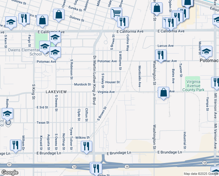 map of restaurants, bars, coffee shops, grocery stores, and more near 338 South Brown Street in Bakersfield
