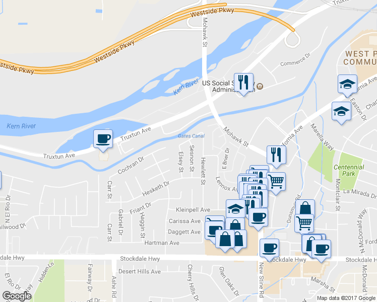 map of restaurants, bars, coffee shops, grocery stores, and more near 709 Sesnon Street in Bakersfield