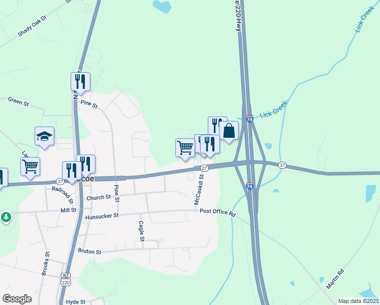 map of restaurants, bars, coffee shops, grocery stores, and more near 515 East Main Street in Biscoe