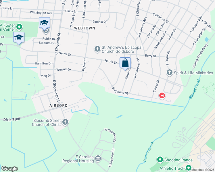 map of restaurants, bars, coffee shops, grocery stores, and more near 1302 Stephens Street in Goldsboro