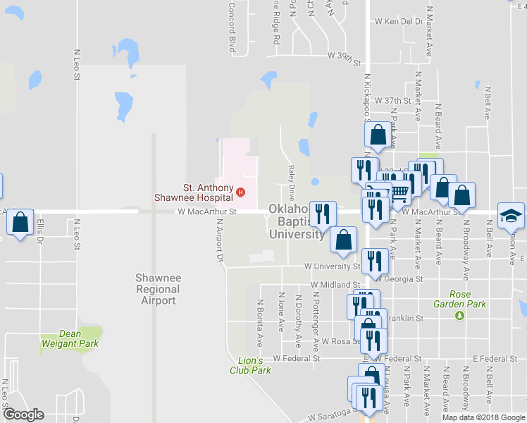 map of restaurants, bars, coffee shops, grocery stores, and more near 1005 West Macarthur Street in Shawnee