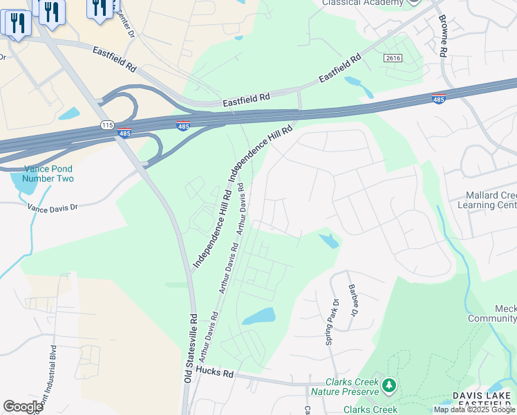 map of restaurants, bars, coffee shops, grocery stores, and more near 10200 Arthur Davis Road in Huntersville