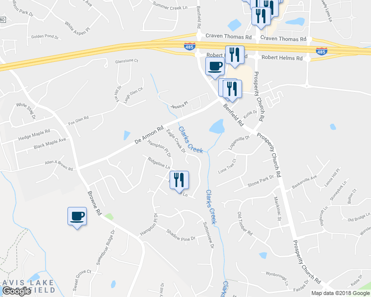 map of restaurants, bars, coffee shops, grocery stores, and more near 5110 Eagle Creek Drive in Charlotte