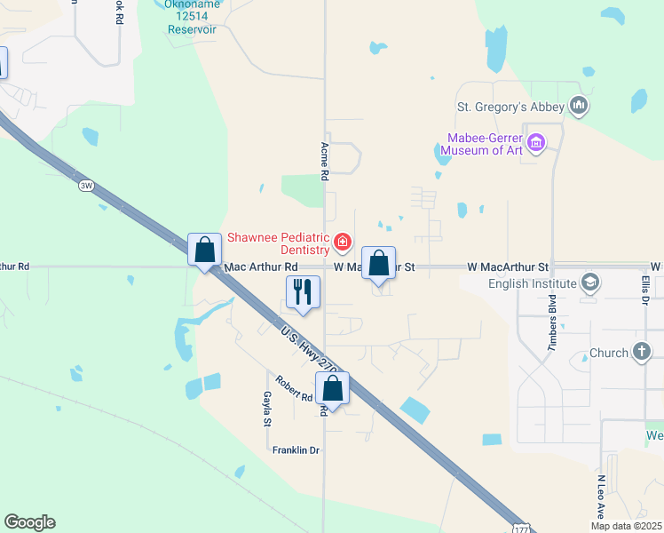 map of restaurants, bars, coffee shops, grocery stores, and more near West Macarthur Street in Shawnee