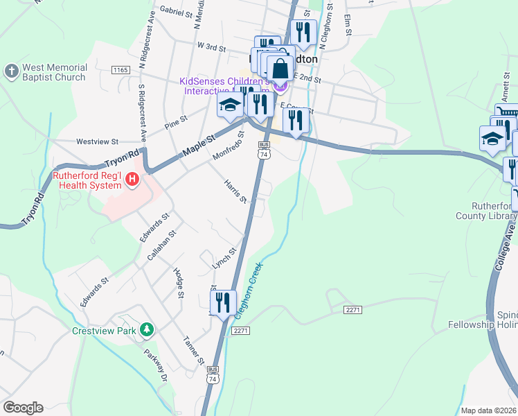 map of restaurants, bars, coffee shops, grocery stores, and more near 271 South Main Street in Rutherfordton