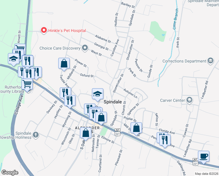 map of restaurants, bars, coffee shops, grocery stores, and more near 469 Spindale Street in Spindale